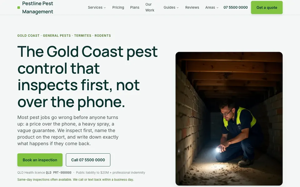 Pestline Pest Management demonstration build, homepage