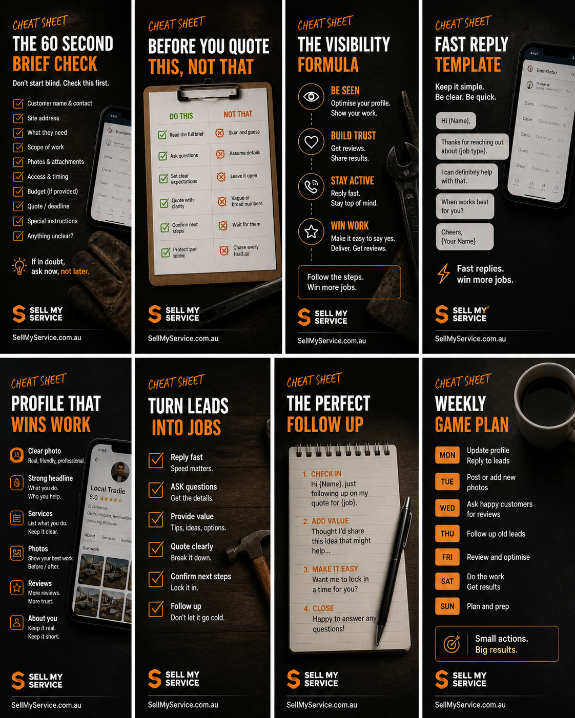 Sell My Service cheat sheets — 8 of the 20 cards