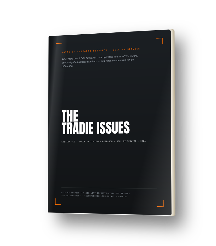 3D cover of The Tradie Issues, Edition 6.1 — a 27-page voice-of-customer research paper